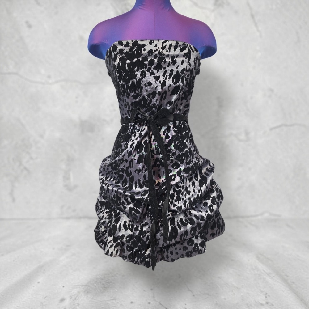 Y2K Snap Silver Black Leopard Print Strapless Bubble Hem Mini Dress Small
